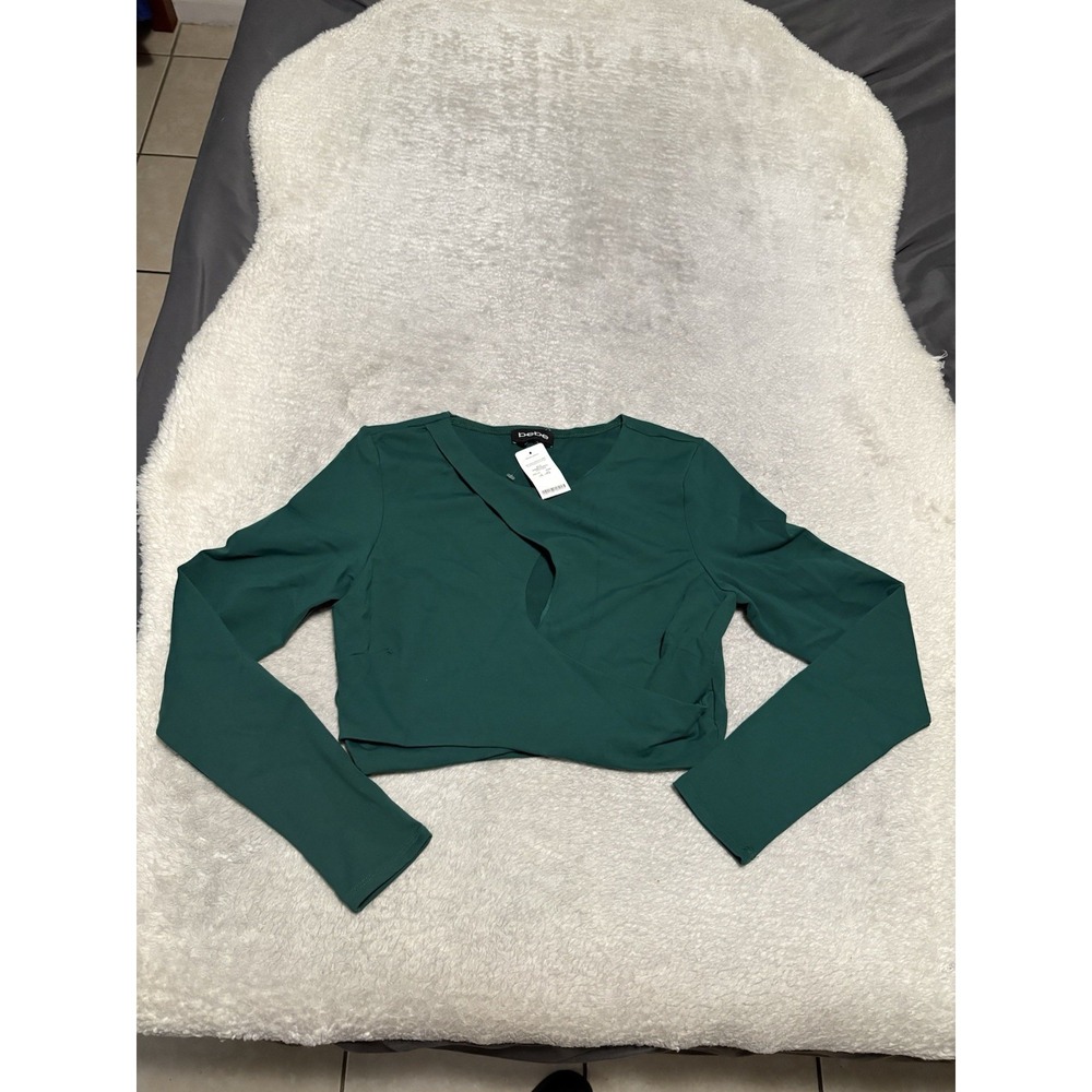 New Bebe Wrap Crop Top Long Sleeve Shirt Size Large Green